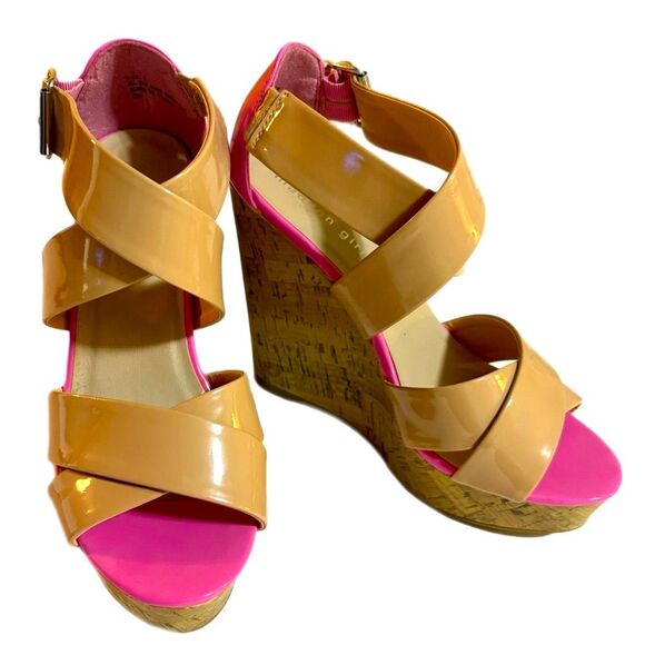 Madden Girl Cork Wedge Sandals Patton Leather Tan Strap Hot Pink Women’s 8. - Picture 1 of 7